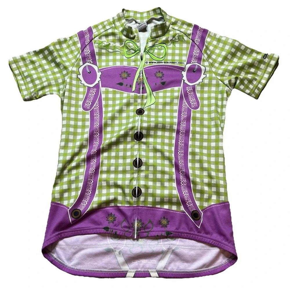 Owayo Germany Oktoberfest Ride cycling shirt jersey S Purple Green Plaid